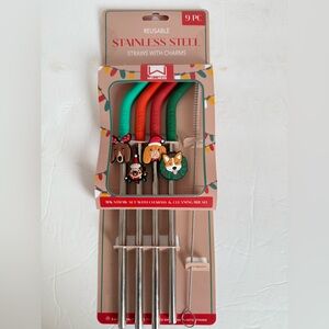 New Reusable Stainless Steel Dog‎ Christmas Straws with Charms & Straw Brush
